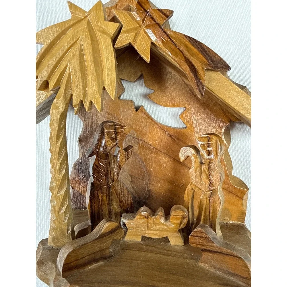 Hand Carved Olive Wood Nativity Scene Small Rustic Christmas Stable Ornament